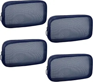 4 Pieces Mini Zipper Nylon Mesh Pouch, Mesh Cosmetic Bags Makeup Bags, Multipurpose Travel Toiletry Bags for Office Supplies and Travel Accessories (Navy Blue, M)