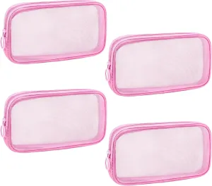 4 Pieces Mini Zipper Nylon Mesh Pouch, Mesh Cosmetic Bags Makeup Bags, Multipurpose Travel Toiletry Bags for Office Supplies and Travel Accessories (Pink, M)
