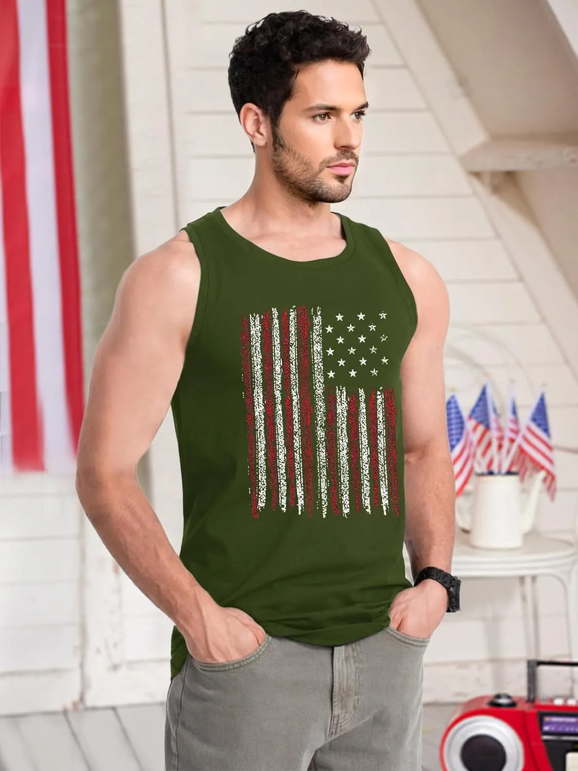 4th of July Tank Top Men American Flag Patriotic Sleeveless Shirts USA Stars and Stripes Independence Day Muscle Tanks