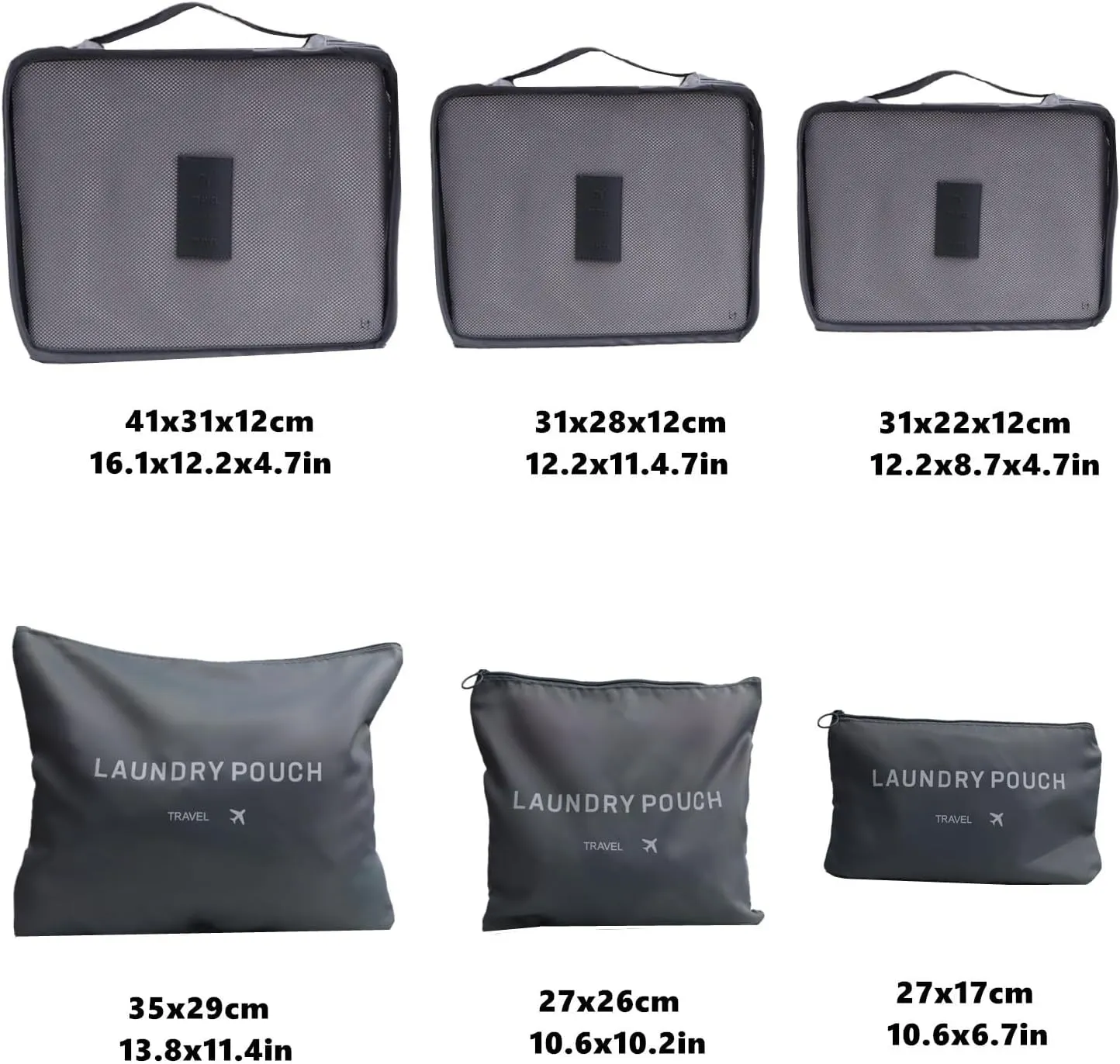 6 PCS Packing Cubes for Carry on Luggage - Travel Packing Organizers Set, Grey Polyester Mesh & Laundry Bags with Double Zipper & Portable Handle
