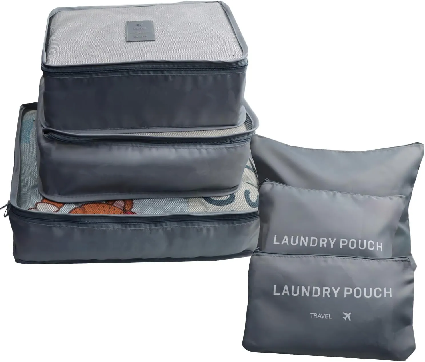 6 PCS Packing Cubes for Carry on Luggage - Travel Packing Organizers Set, Grey Polyester Mesh & Laundry Bags with Double Zipper & Portable Handle
