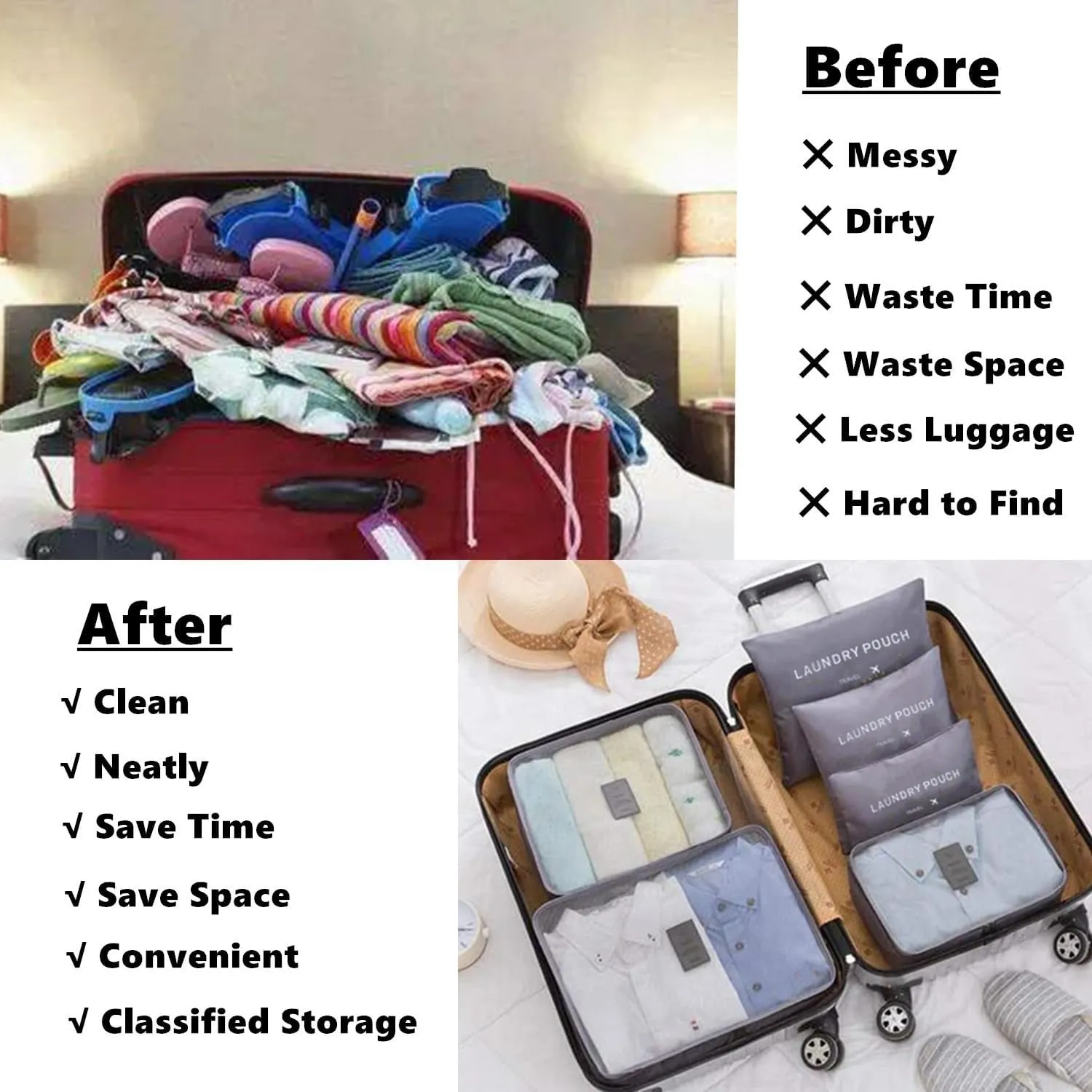 6 PCS Packing Cubes for Carry on Luggage - Travel Packing Organizers Set, Grey Polyester Mesh & Laundry Bags with Double Zipper & Portable Handle