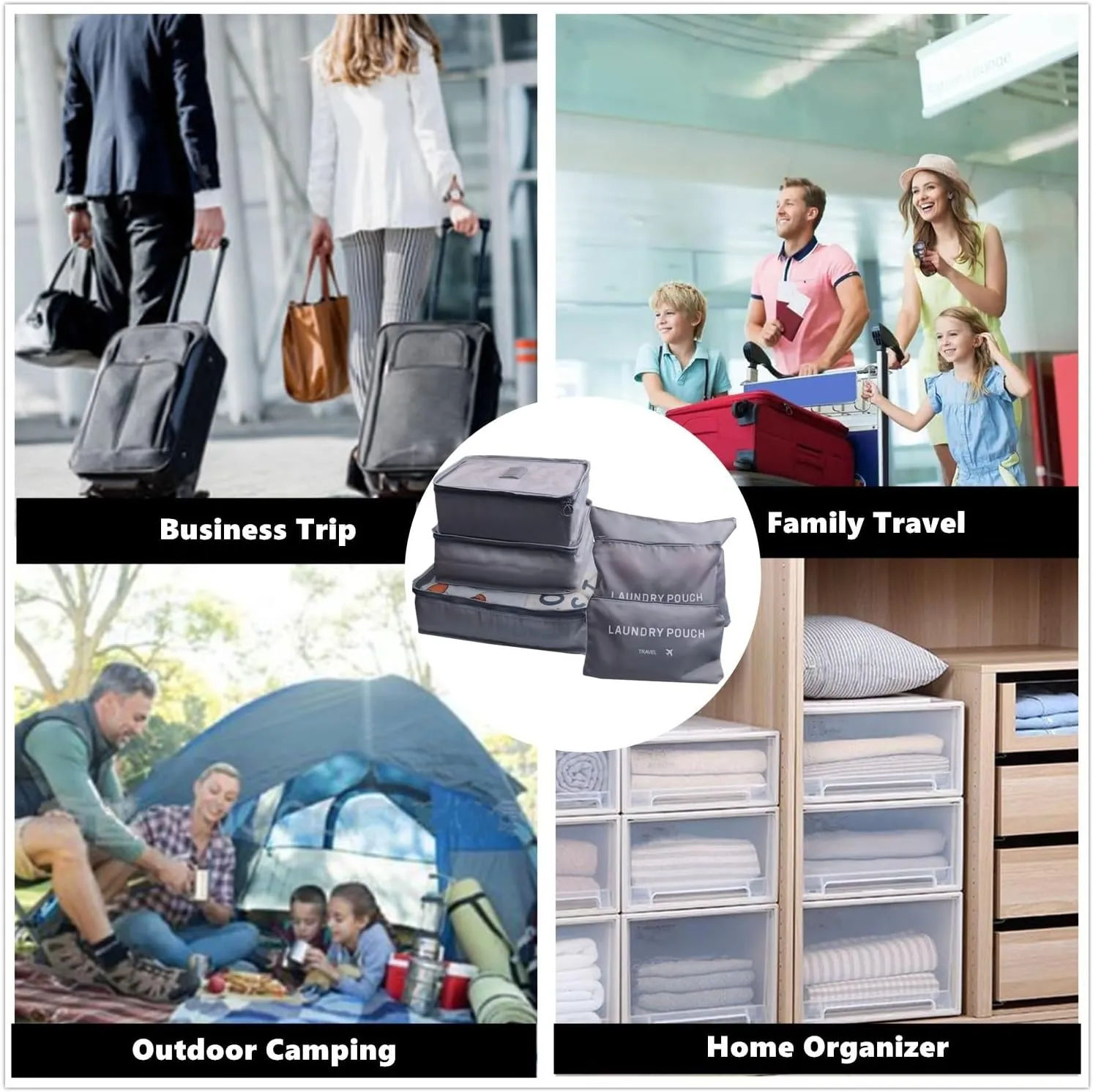 6 PCS Packing Cubes for Carry on Luggage - Travel Packing Organizers Set, Grey Polyester Mesh & Laundry Bags with Double Zipper & Portable Handle