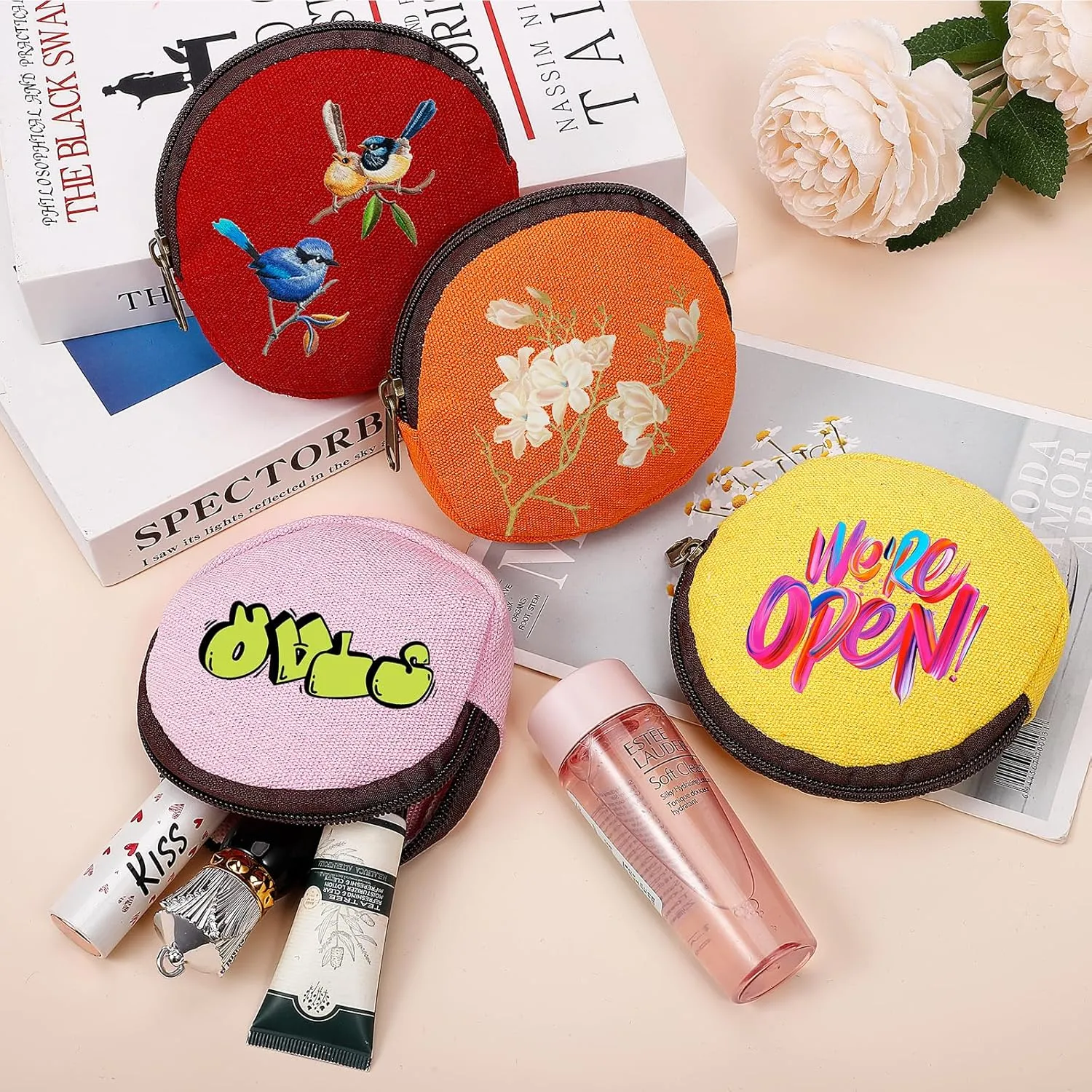 6 Pieces Mini Round Cotton Canvas Makeup Bag with Bottom, Multi-Purpose Zipper Coin Purse Pouch Cosmetic Bag Travel Toiletry Pouch, Blank DIY Craft Bag (Red, XS)