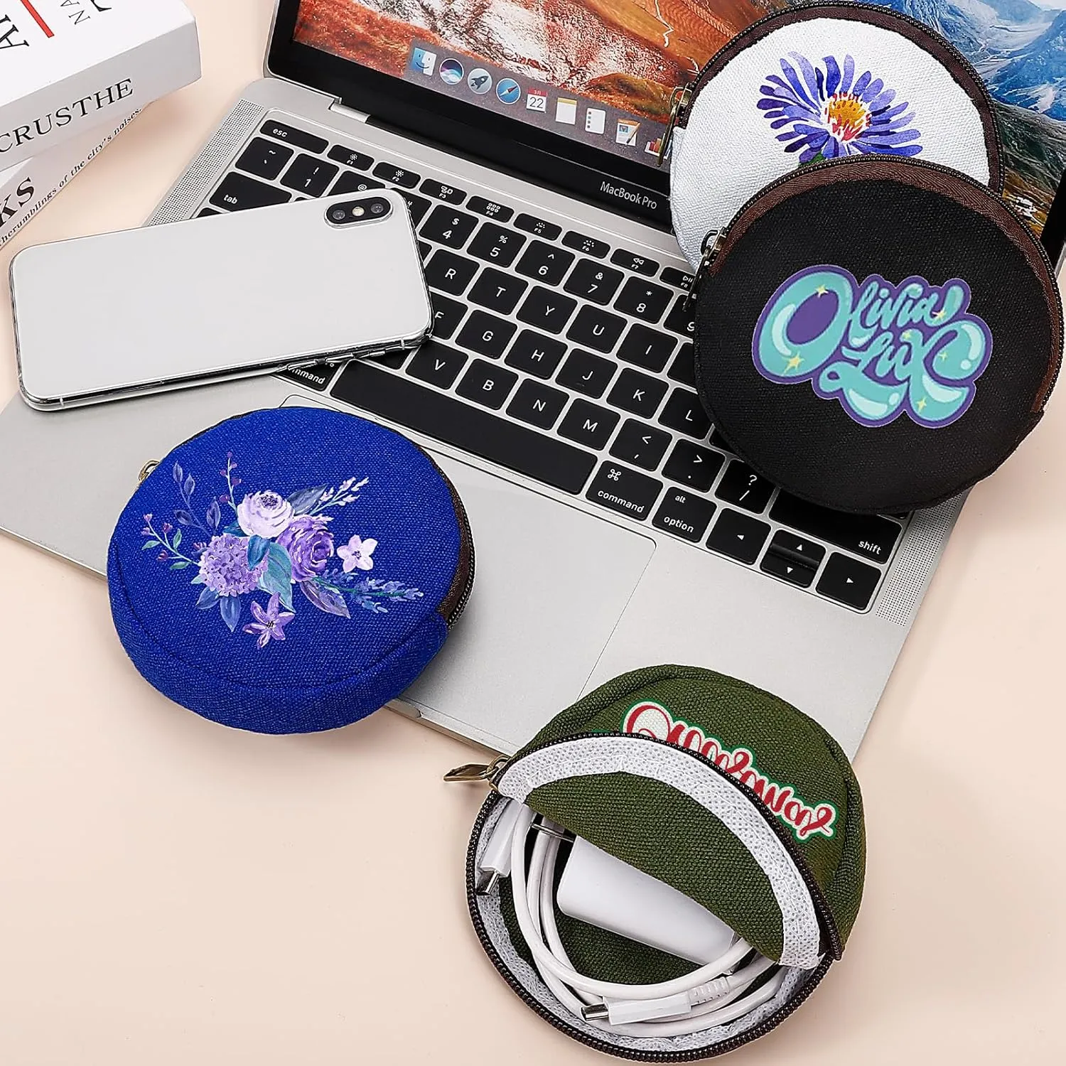 6 Pieces Mini Round Cotton Canvas Makeup Bag with Bottom, Multi-Purpose Zipper Coin Purse Pouch Cosmetic Bag Travel Toiletry Pouch, Blank DIY Craft Bag (Red, XS)