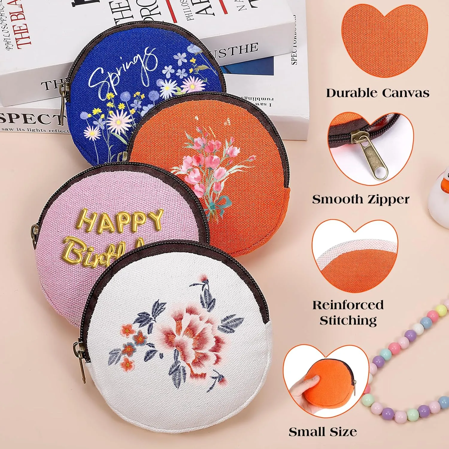 6 Pieces Mini Round Cotton Canvas Makeup Bag with Bottom, Multi-Purpose Zipper Coin Purse Pouch Cosmetic Bag Travel Toiletry Pouch, Blank DIY Craft Bag (Red, XS)