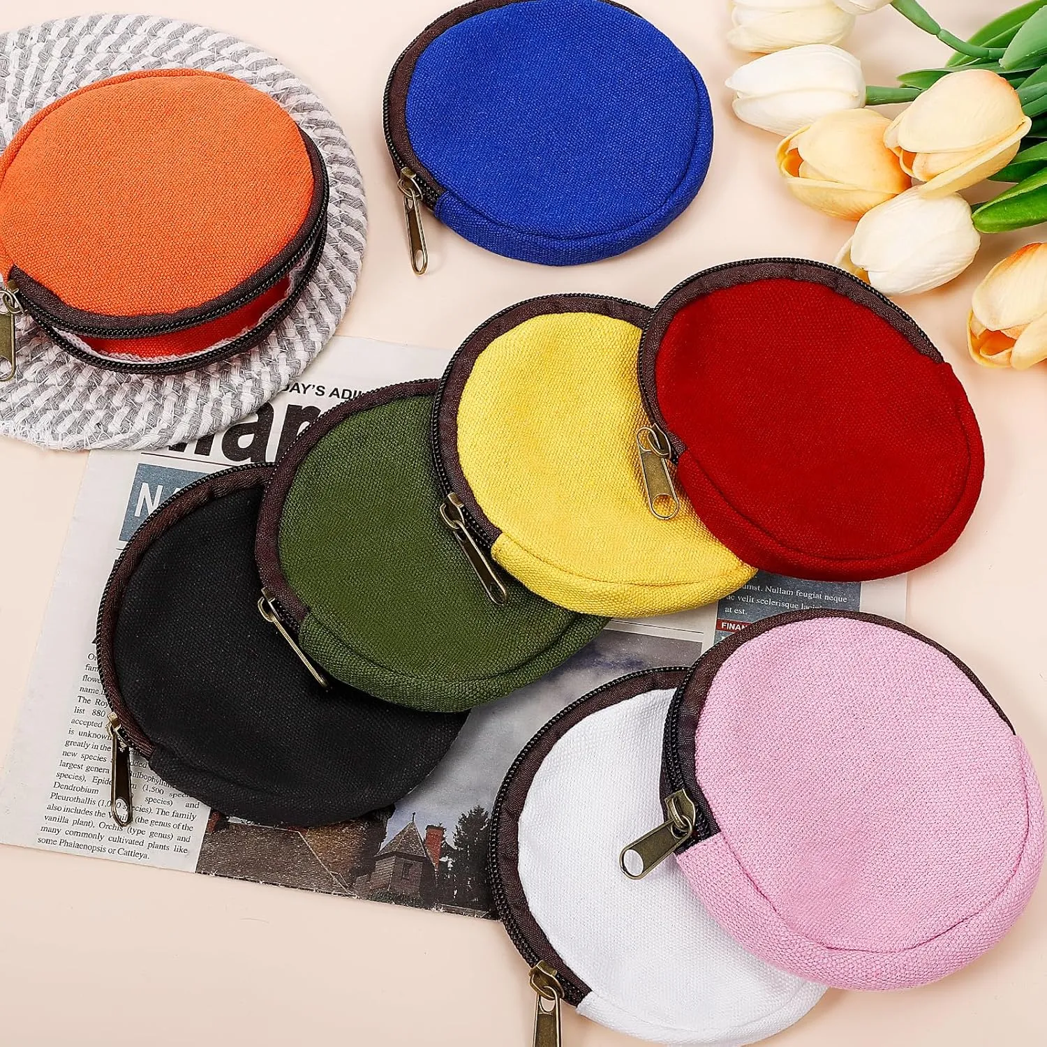 6 Pieces Mini Round Cotton Canvas Makeup Bag with Bottom, Multi-Purpose Zipper Coin Purse Pouch Cosmetic Bag Travel Toiletry Pouch, Blank DIY Craft Bag (Red, XS)