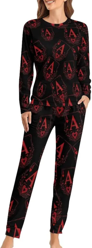 A Red Heart Poker Women's Pajama Set Long Sleeve T-shirts Top & Pant Comfort Sleepwear Loungewear