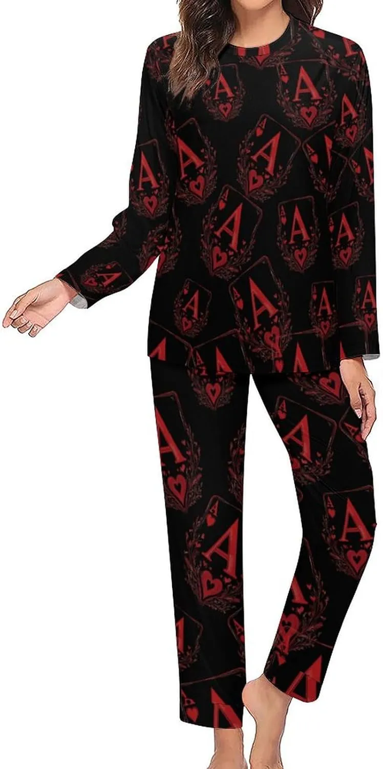 A Red Heart Poker Women's Pajama Set Long Sleeve T-shirts Top & Pant Comfort Sleepwear Loungewear