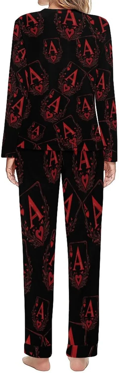 A Red Heart Poker Women's Pajama Set Long Sleeve T-shirts Top & Pant Comfort Sleepwear Loungewear