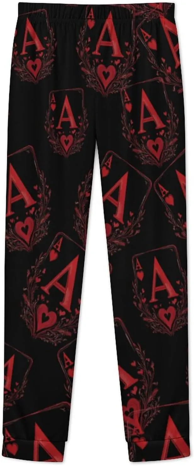 A Red Heart Poker Women's Pajama Set Long Sleeve T-shirts Top & Pant Comfort Sleepwear Loungewear