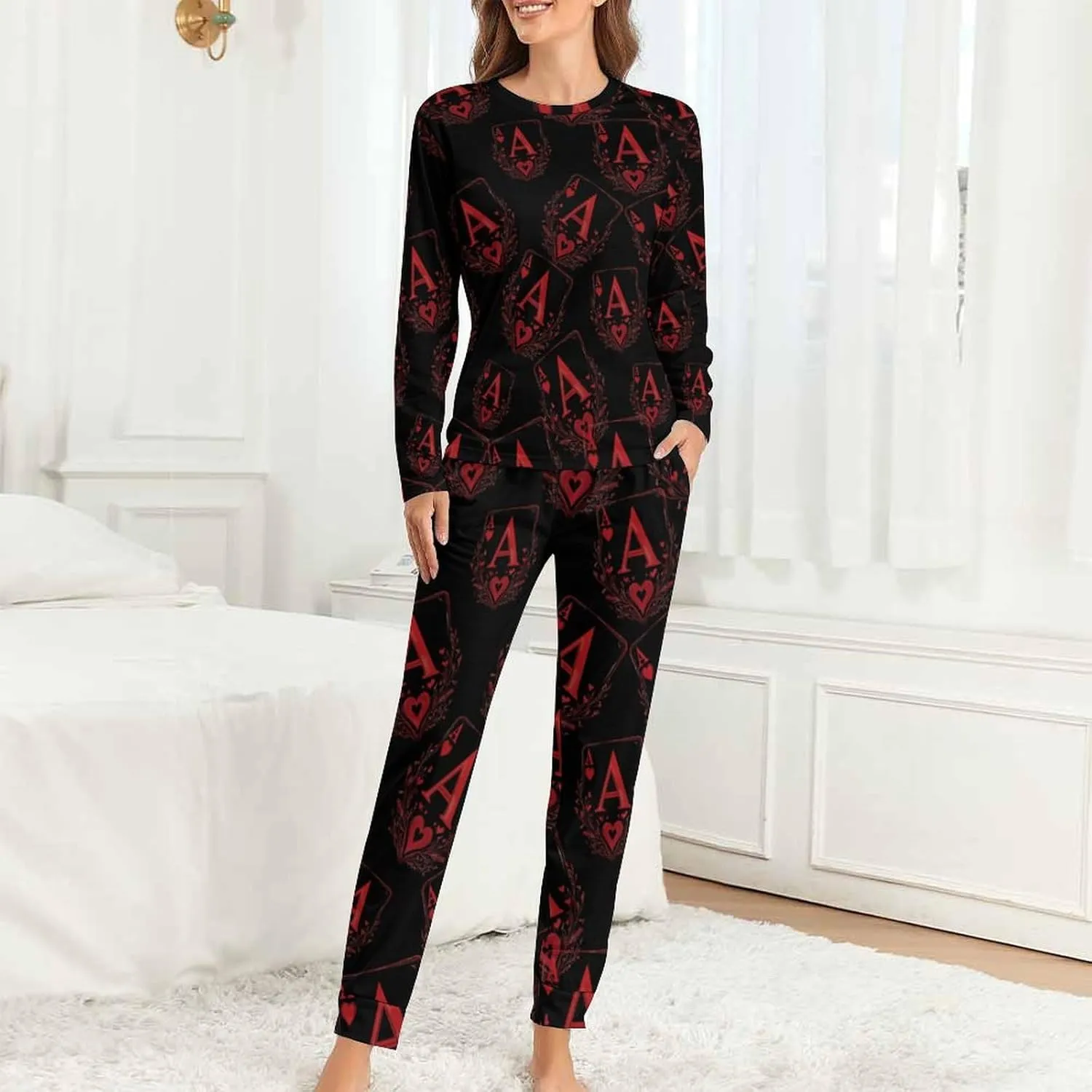 A Red Heart Poker Women's Pajama Set Long Sleeve T-shirts Top & Pant Comfort Sleepwear Loungewear