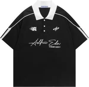 Aelfric Eden Mens Vintage Letter Polo Tee Oversized Button Collar Graphic Patchwork T Shirt Short Sleeve Summer Tops