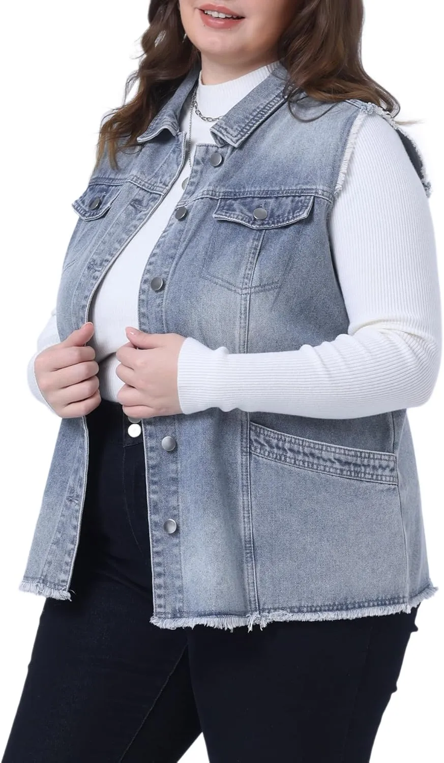Agnes Orinda Denim Jackets for Women 2025 Plus Size Button Front Lapel Frayed Washed Sleeveless Long Jean Vest