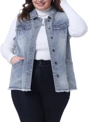 Agnes Orinda Denim Jackets for Women 2025 Plus Size Button Front Lapel Frayed Washed Sleeveless Long Jean Vest