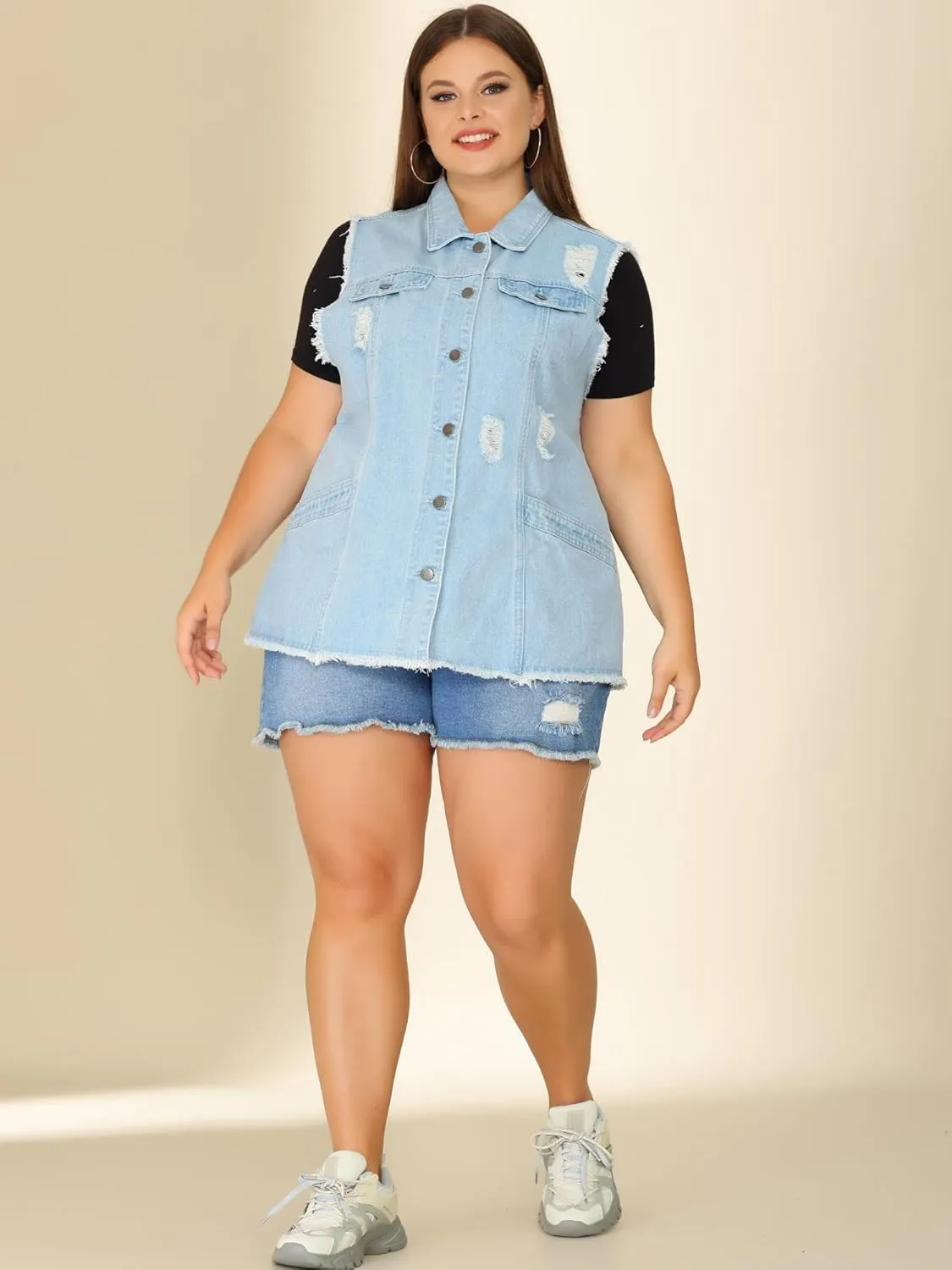 Agnes Orinda Denim Jackets for Women 2025 Plus Size Button Front Lapel Frayed Washed Sleeveless Long Jean Vest