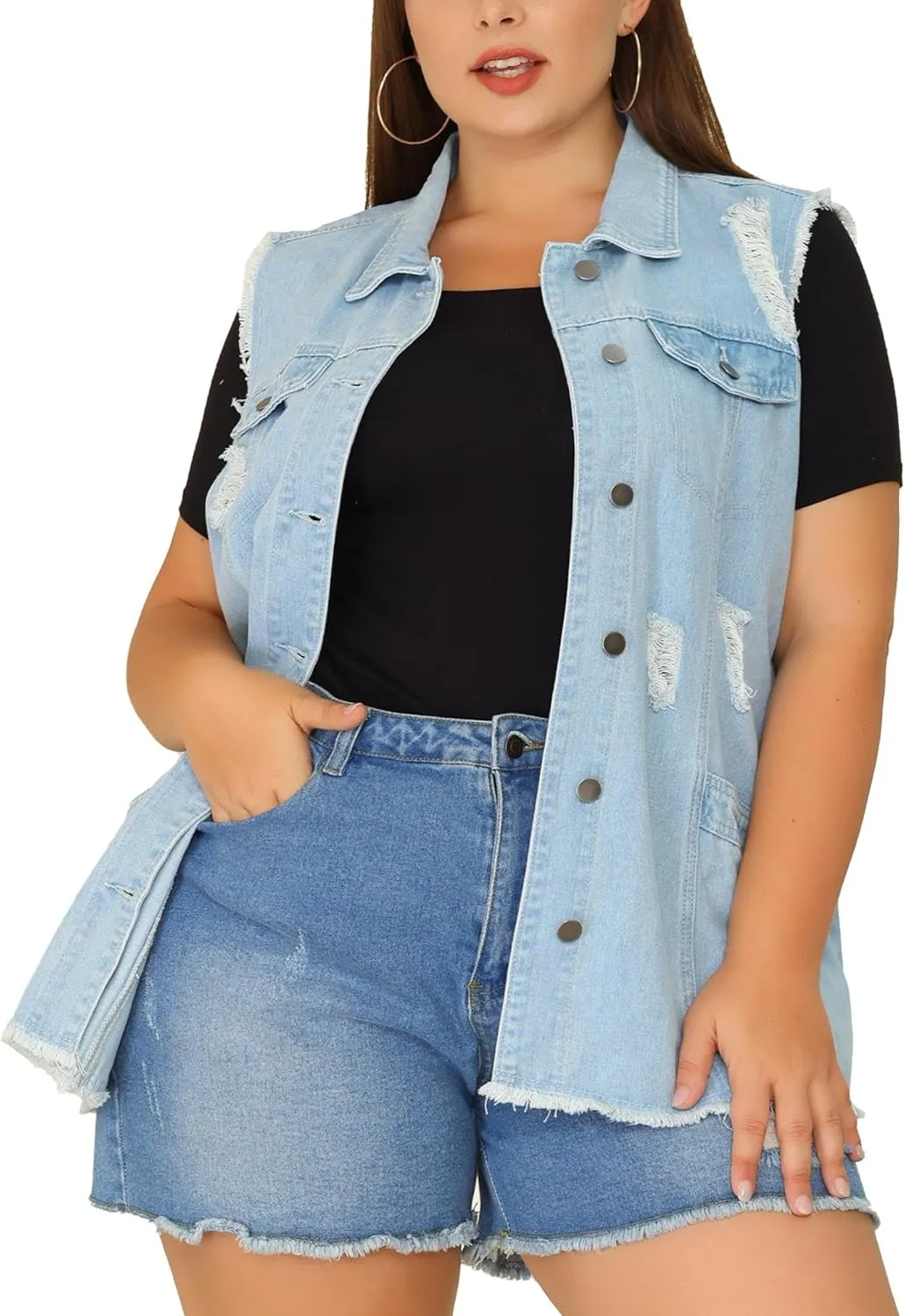 Agnes Orinda Denim Jackets for Women 2025 Plus Size Button Front Lapel Frayed Washed Sleeveless Long Jean Vest