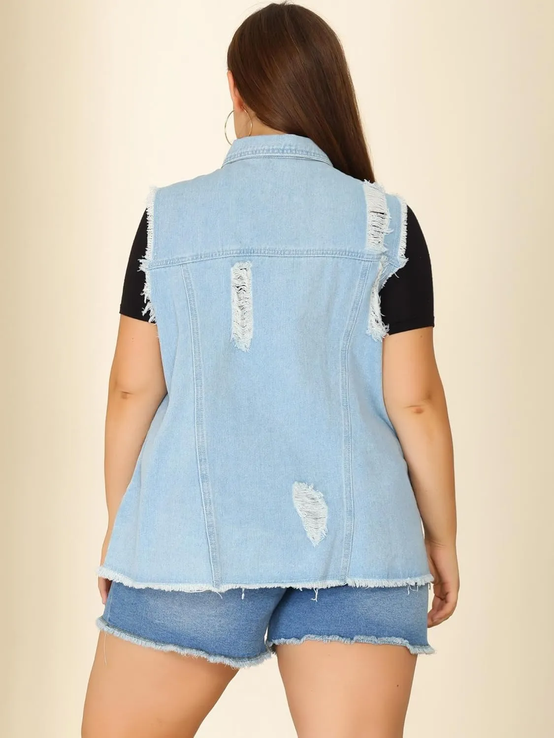 Agnes Orinda Denim Jackets for Women 2025 Plus Size Button Front Lapel Frayed Washed Sleeveless Long Jean Vest