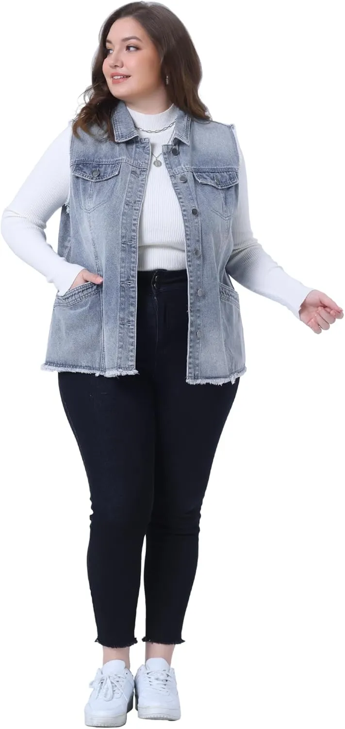 Agnes Orinda Denim Jackets for Women 2025 Plus Size Button Front Lapel Frayed Washed Sleeveless Long Jean Vest