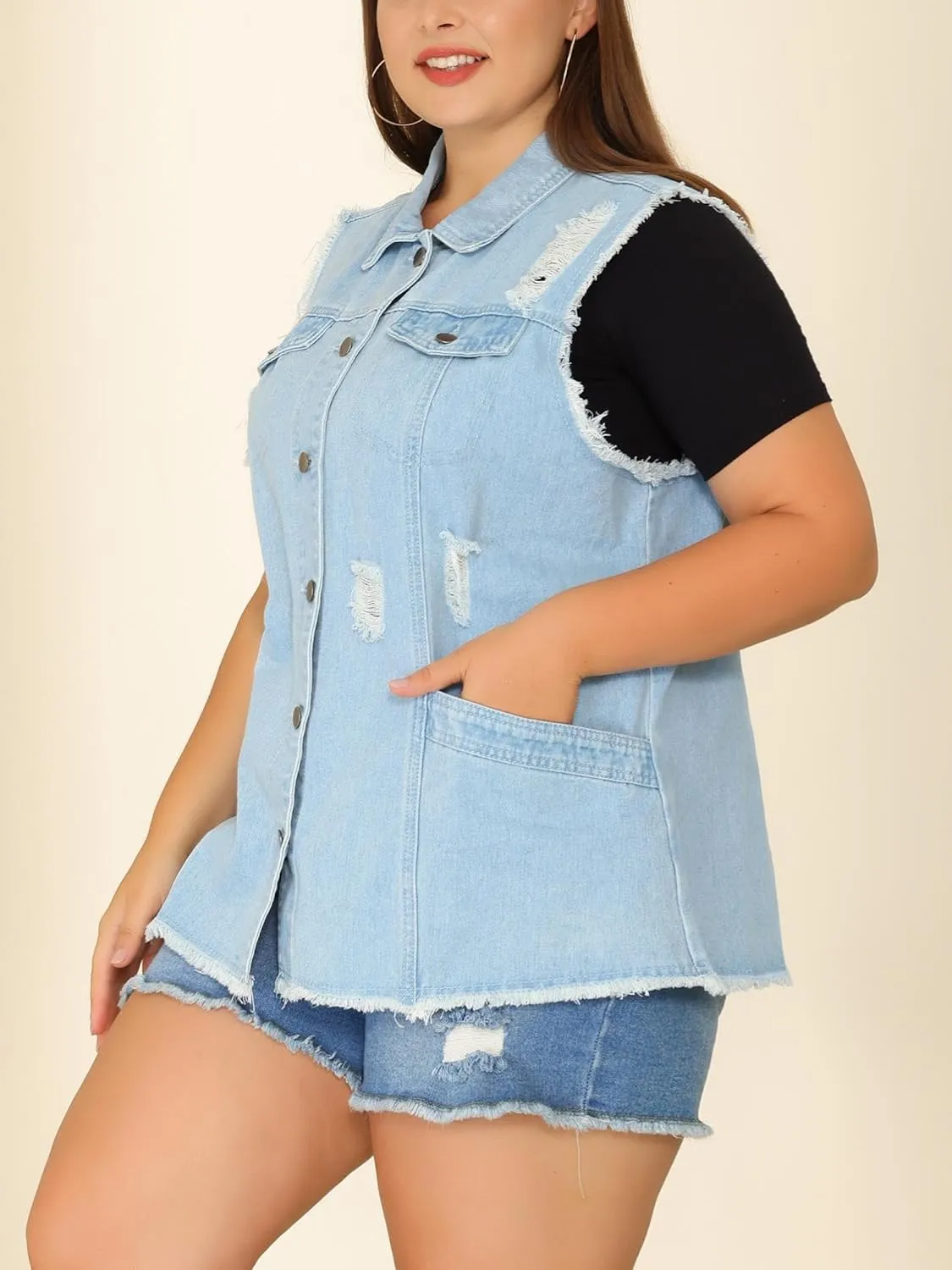 Agnes Orinda Denim Jackets for Women 2025 Plus Size Button Front Lapel Frayed Washed Sleeveless Long Jean Vest