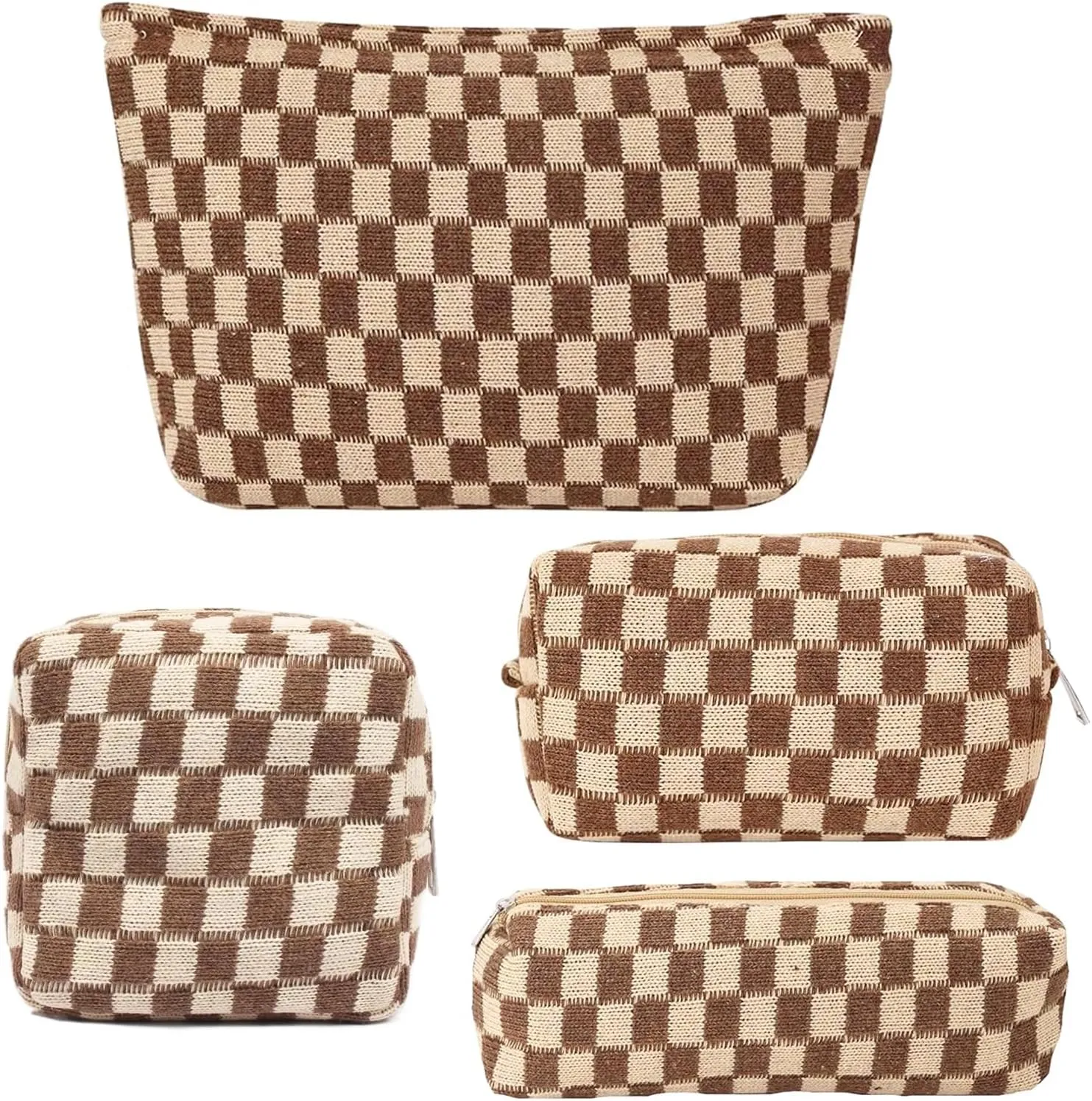 AJOJO 4 Pcs Checkered Cosmetic Bag Makeup Brush Storage Bag Toiletry Organizer Bag for Women Girls Large Travel Toiletry Organizer (4Pcs-Brown)