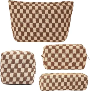 AJOJO 4 Pcs Checkered Cosmetic Bag Makeup Brush Storage Bag Toiletry Organizer Bag for Women Girls Large Travel Toiletry Organizer (4Pcs-Brown)