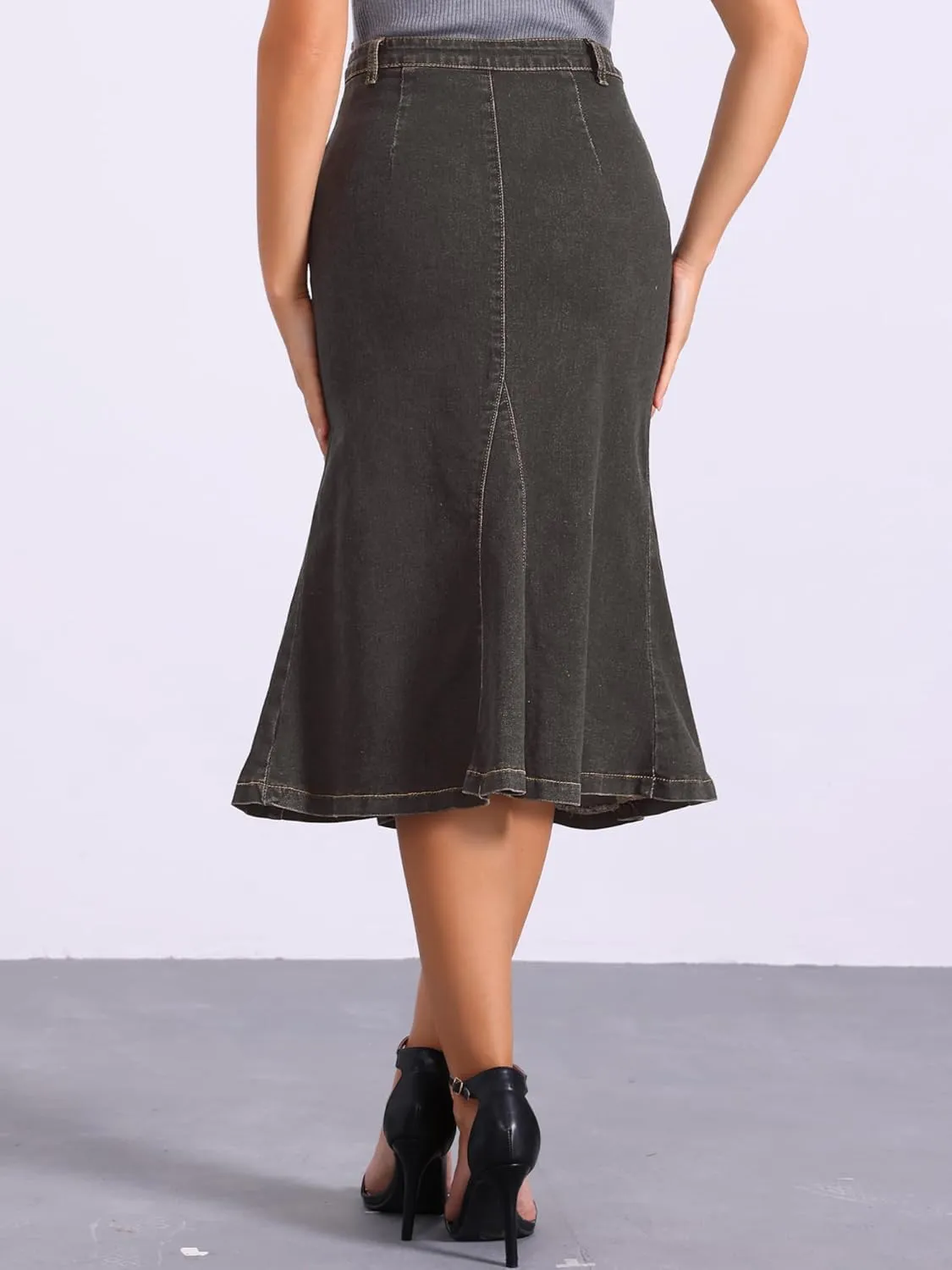 Allegra K Casual Denim Skirt for Women's High Waisted A-Line Flared Midi Skirts