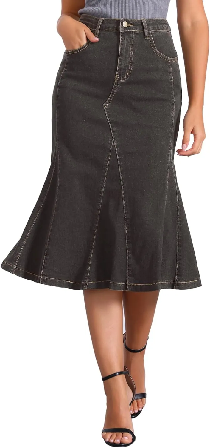 Allegra K Casual Denim Skirt for Women's High Waisted A-Line Flared Midi Skirts
