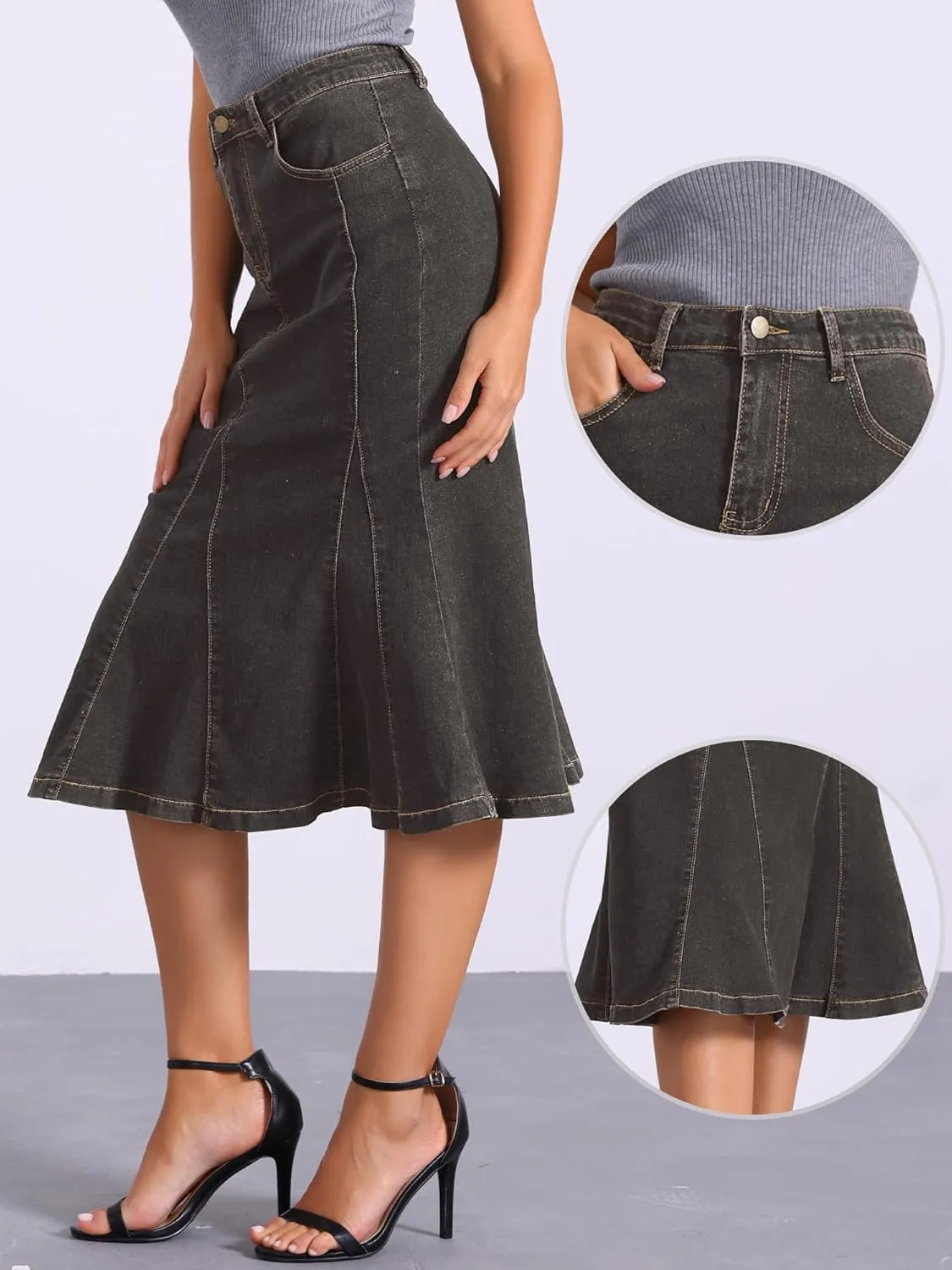 Allegra K Casual Denim Skirt for Women's High Waisted A-Line Flared Midi Skirts