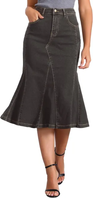 Allegra K Casual Denim Skirt for Women's High Waisted A-Line Flared Midi Skirts