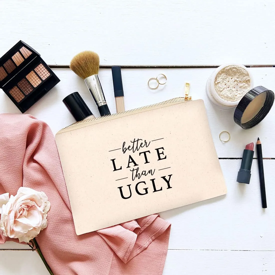 Andaz Press Funny Makeup Bag Canvas Cosmetic Bag with Zipper Better Late Than Ugly Makeup Pouch For Purse Travel Pouch Toiletry Bag Funny Pencil Bag Cute Birthday Gifts for Women 6.5 x 9 Inch