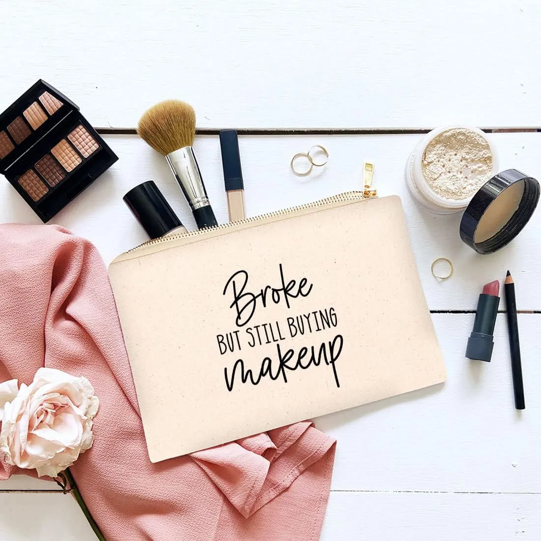 Andaz Press Funny Makeup Bag Canvas Cosmetic Bag with Zipper Broke But Still Buying Makeup Makeup Pouch For Purse Travel Pouch Toiletry Bag Funny Pencil Bag Cute Birthday Gifts for Women 6.5 x 9 Inch