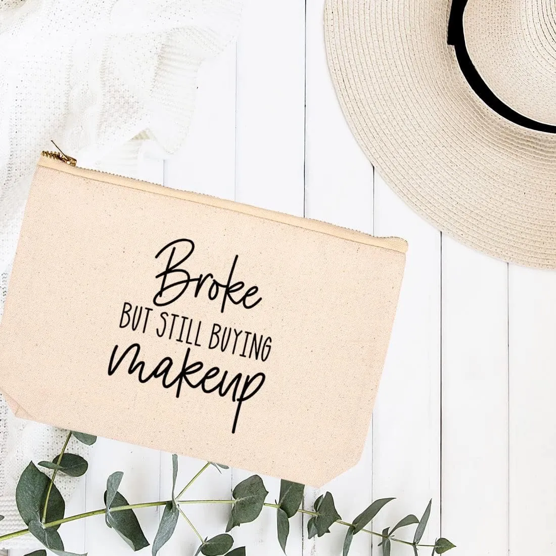 Andaz Press Funny Makeup Bag Canvas Cosmetic Bag with Zipper Broke But Still Buying Makeup Makeup Pouch For Purse Travel Pouch Toiletry Bag Funny Pencil Bag Cute Birthday Gifts for Women 6.5 x 9 Inch