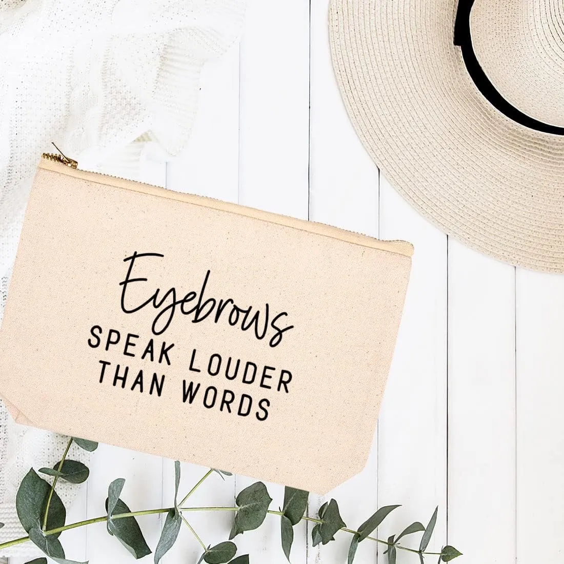 Andaz Press Funny Makeup Bag Canvas Cosmetic Bag with Zipper Eyebrows Speak Louder Than Words Makeup Pouch For Purse Travel Pouch Toiletry Funny Pencil Bag Cute Birthday Gifts for Women 6.5 x 9 Inch