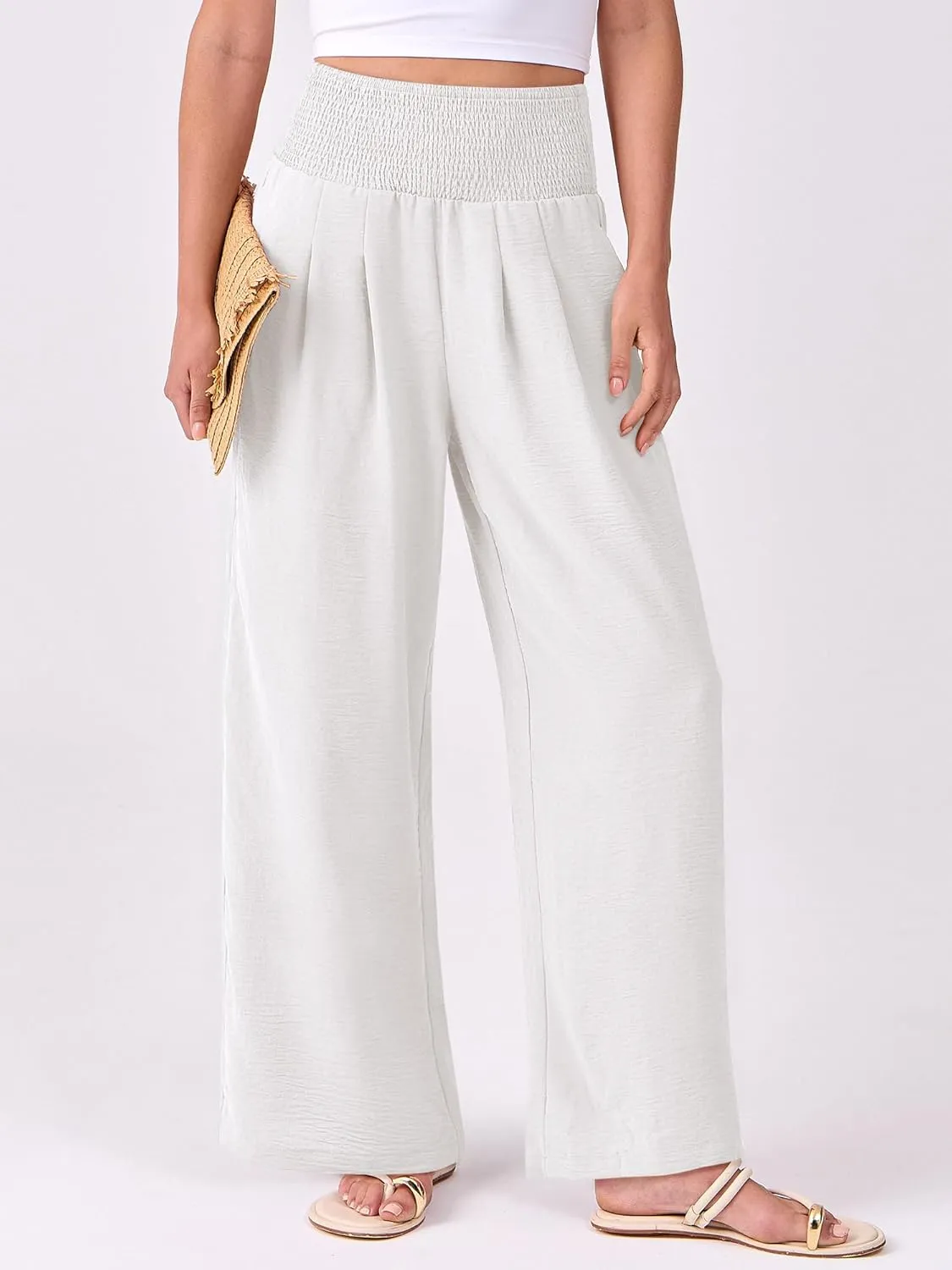 ANRABESS Women Palazzo Pants Summer Flowy Wide Leg High Waist Lounge Trousers with Pockets 2025 Casual Beach Vacation Outfits