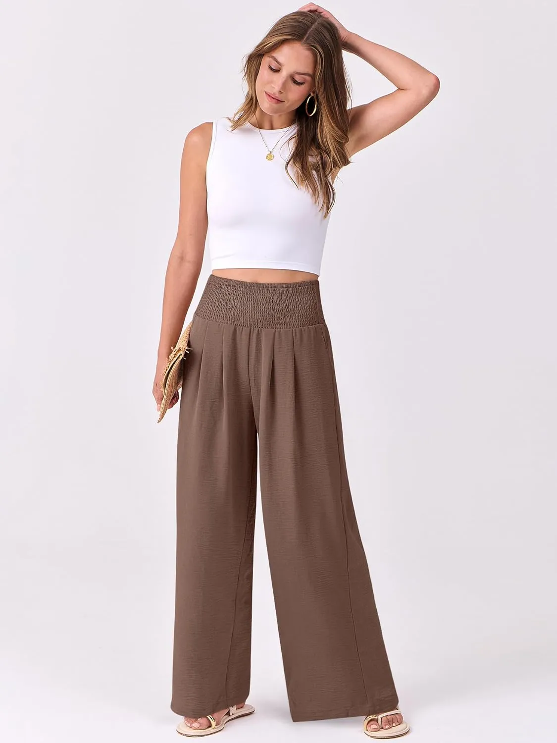 ANRABESS Women Palazzo Pants Summer Flowy Wide Leg High Waist Lounge Trousers with Pockets 2025 Casual Beach Vacation Outfits