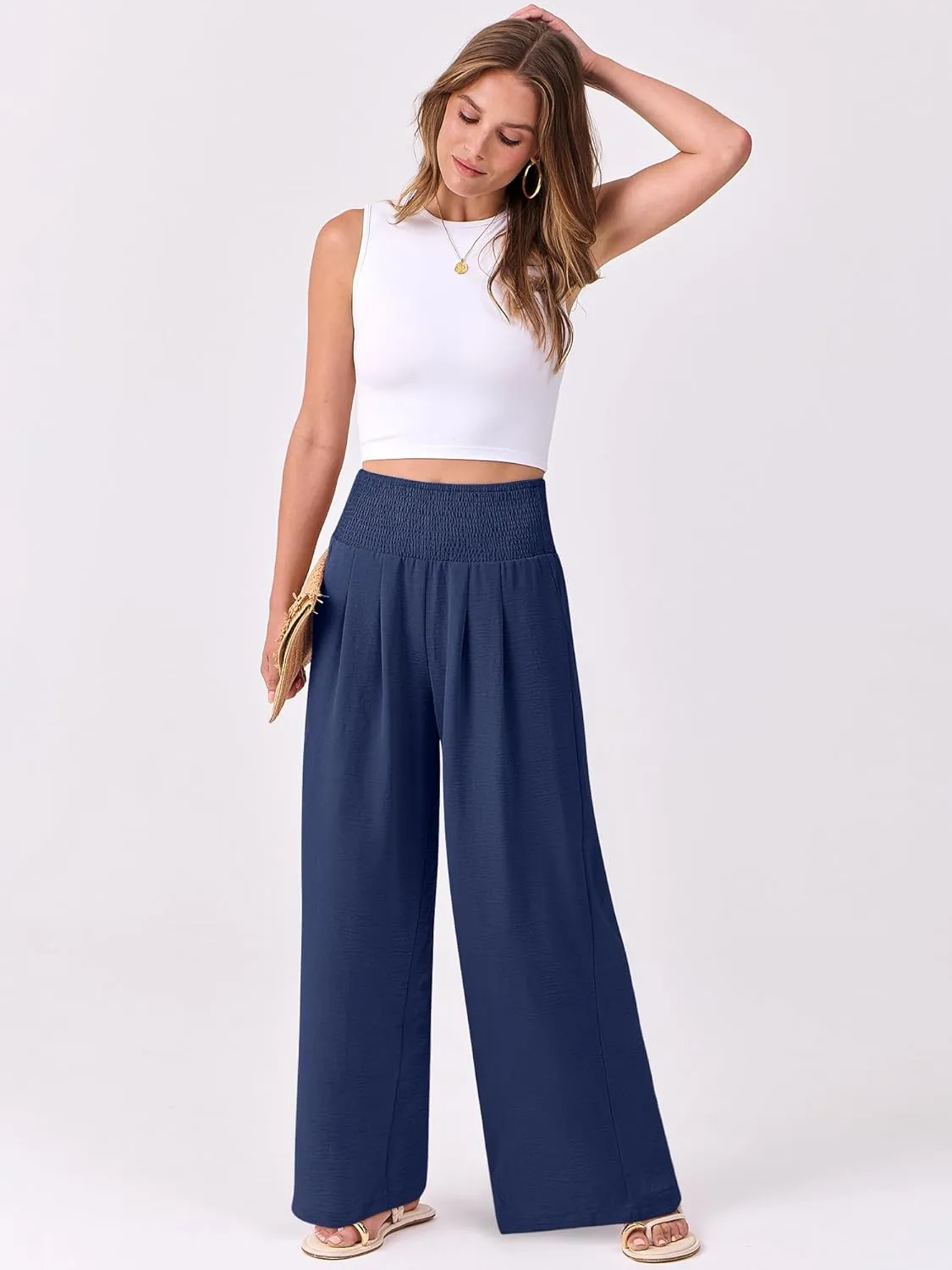 ANRABESS Women Palazzo Pants Summer Flowy Wide Leg High Waist Lounge Trousers with Pockets 2025 Casual Beach Vacation Outfits