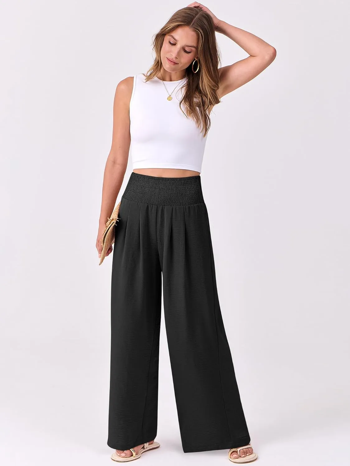 ANRABESS Women Palazzo Pants Summer Flowy Wide Leg High Waist Lounge Trousers with Pockets 2025 Casual Beach Vacation Outfits