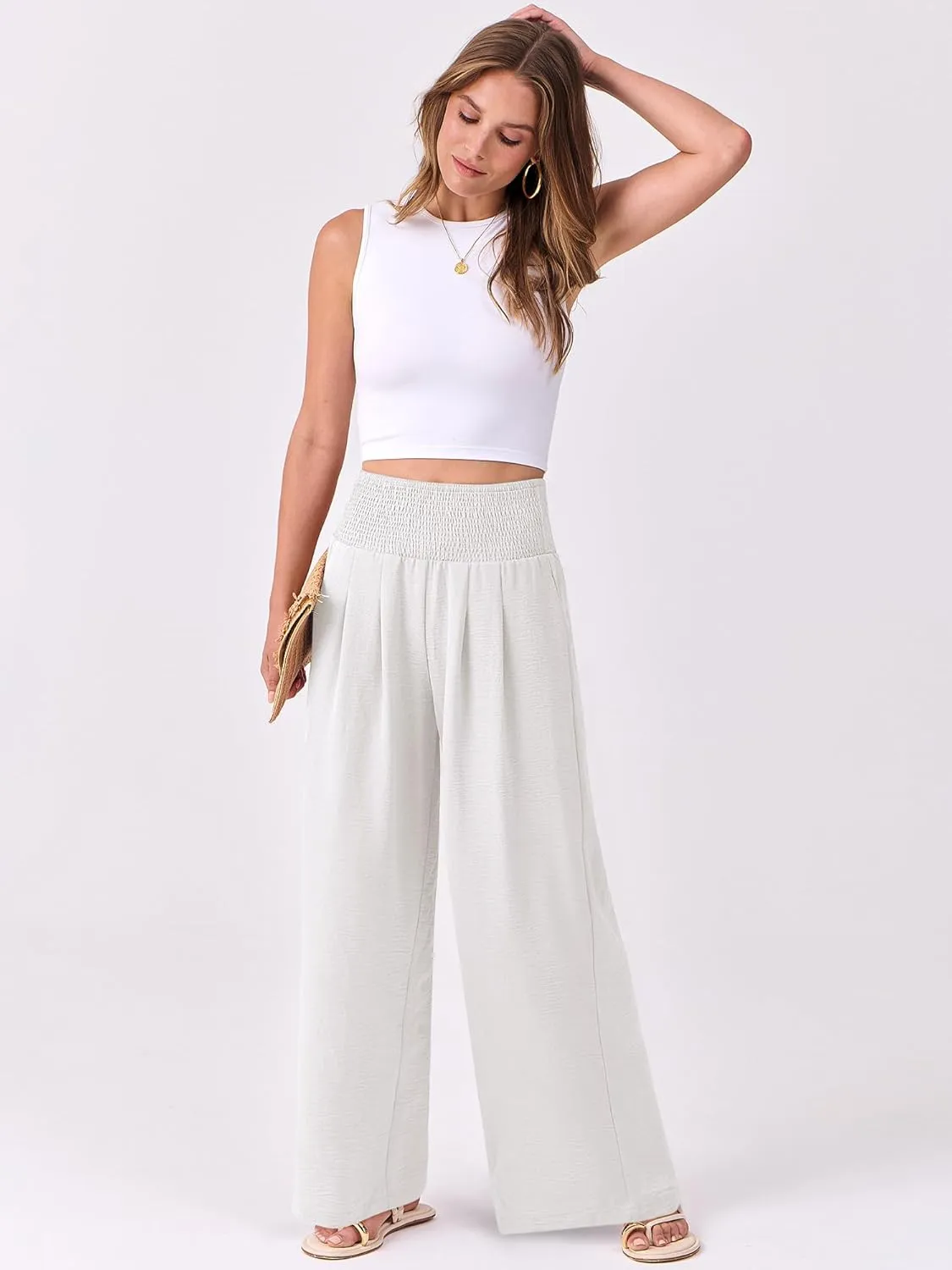 ANRABESS Women Palazzo Pants Summer Flowy Wide Leg High Waist Lounge Trousers with Pockets 2025 Casual Beach Vacation Outfits