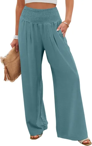 ANRABESS Women Palazzo Pants Summer Flowy Wide Leg High Waist Lounge Trousers with Pockets 2025 Casual Beach Vacation Outfits