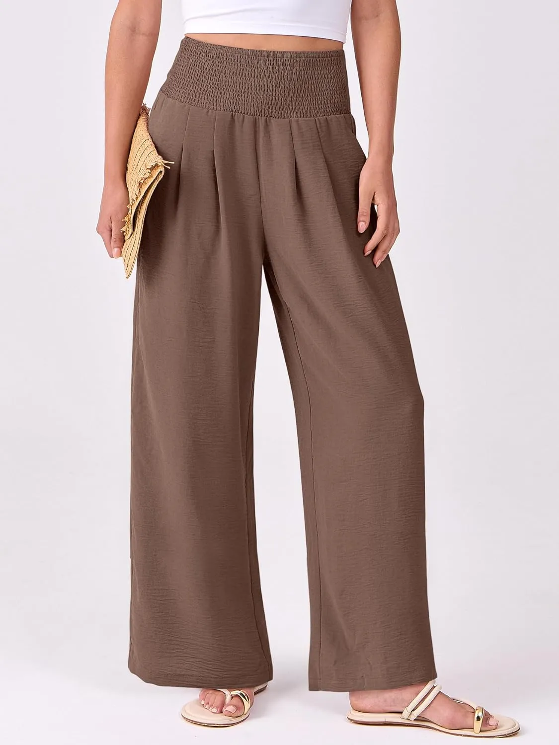 ANRABESS Women Palazzo Pants Summer Flowy Wide Leg High Waist Lounge Trousers with Pockets 2025 Casual Beach Vacation Outfits