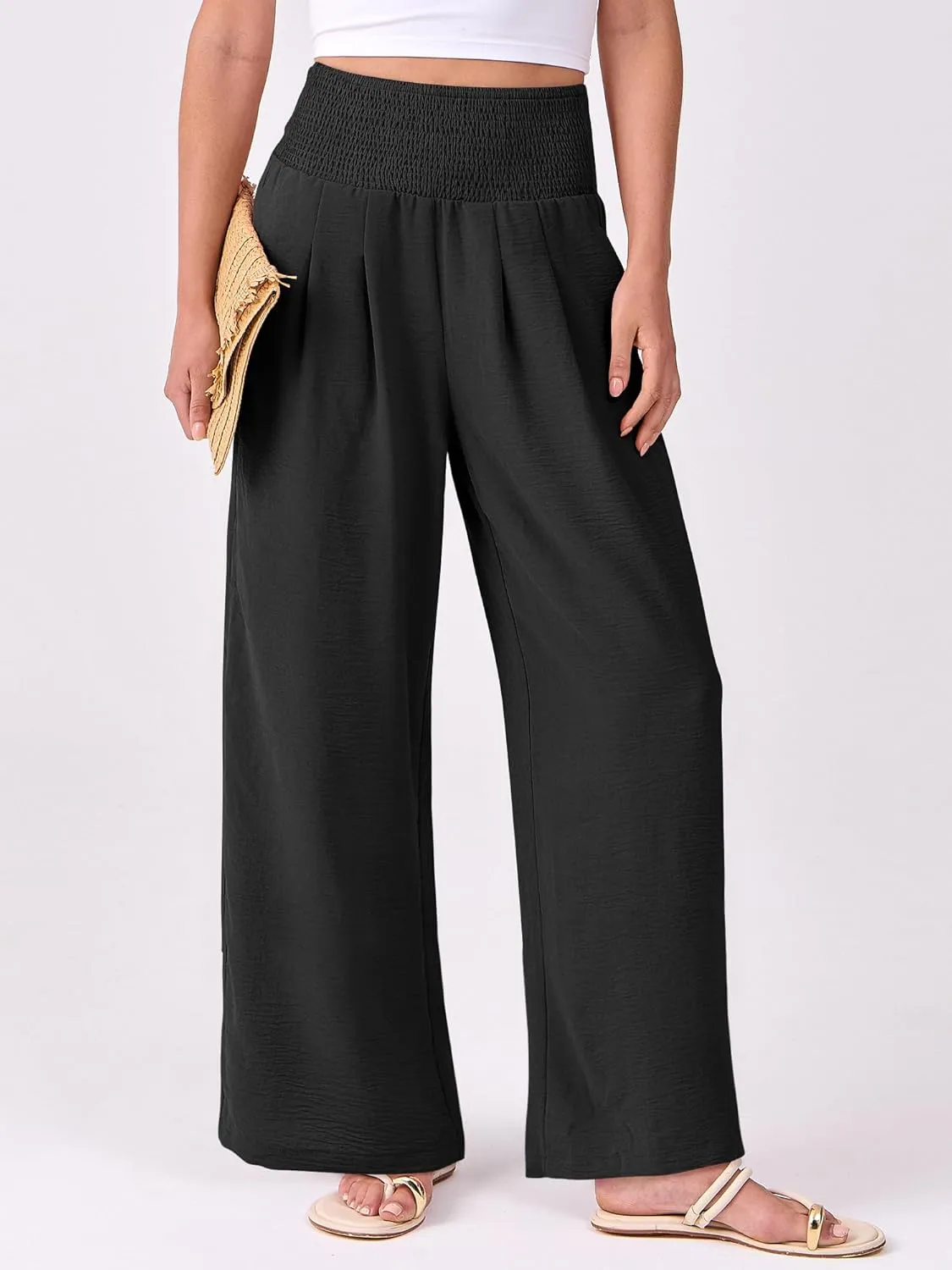 ANRABESS Women Palazzo Pants Summer Flowy Wide Leg High Waist Lounge Trousers with Pockets 2025 Casual Beach Vacation Outfits