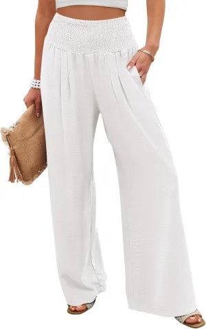 ANRABESS Women Palazzo Pants Summer Flowy Wide Leg High Waist Lounge Trousers with Pockets 2025 Casual Beach Vacation Outfits