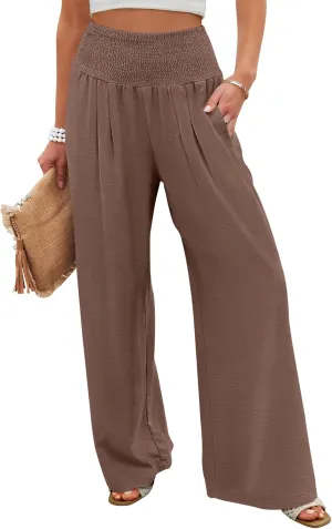 ANRABESS Women Palazzo Pants Summer Flowy Wide Leg High Waist Lounge Trousers with Pockets 2025 Casual Beach Vacation Outfits