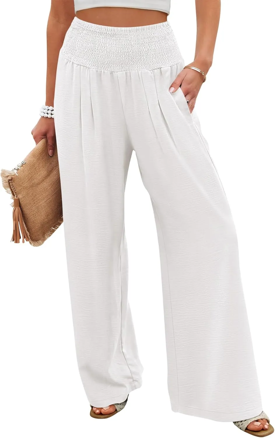 ANRABESS Women Palazzo Pants Summer Flowy Wide Leg High Waist Lounge Trousers with Pockets 2025 Casual Beach Vacation Outfits