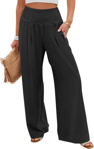 ANRABESS Women Palazzo Pants Summer Flowy Wide Leg High Waist Lounge Trousers with Pockets 2025 Casual Beach Vacation Outfits