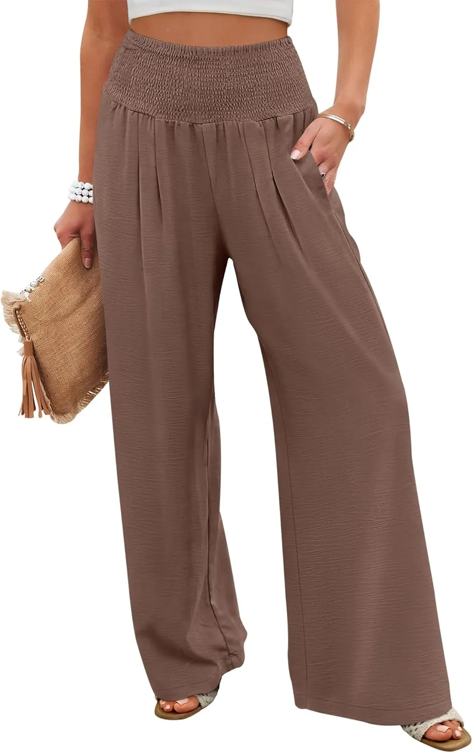 ANRABESS Women Palazzo Pants Summer Flowy Wide Leg High Waist Lounge Trousers with Pockets 2025 Casual Beach Vacation Outfits