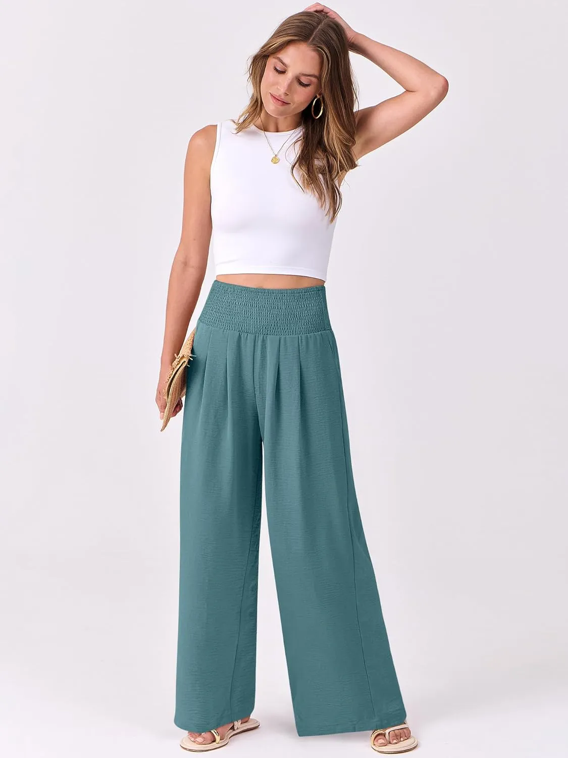 ANRABESS Women Palazzo Pants Summer Flowy Wide Leg High Waist Lounge Trousers with Pockets 2025 Casual Beach Vacation Outfits