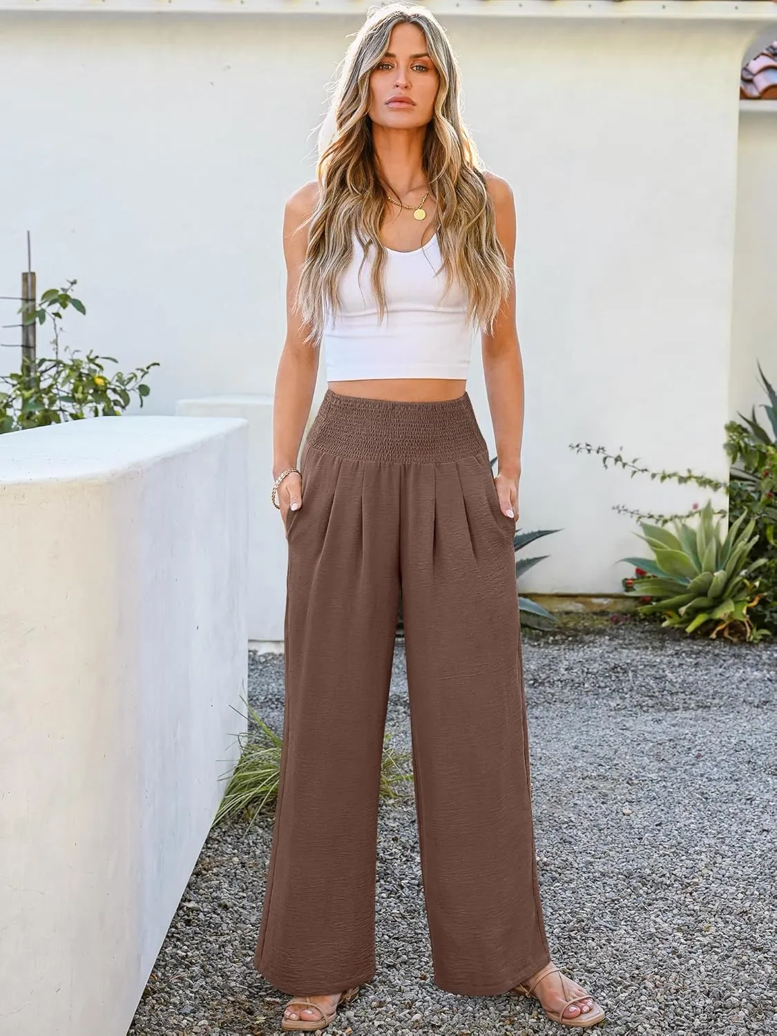 ANRABESS Women Palazzo Pants Summer Flowy Wide Leg High Waist Lounge Trousers with Pockets 2025 Casual Beach Vacation Outfits