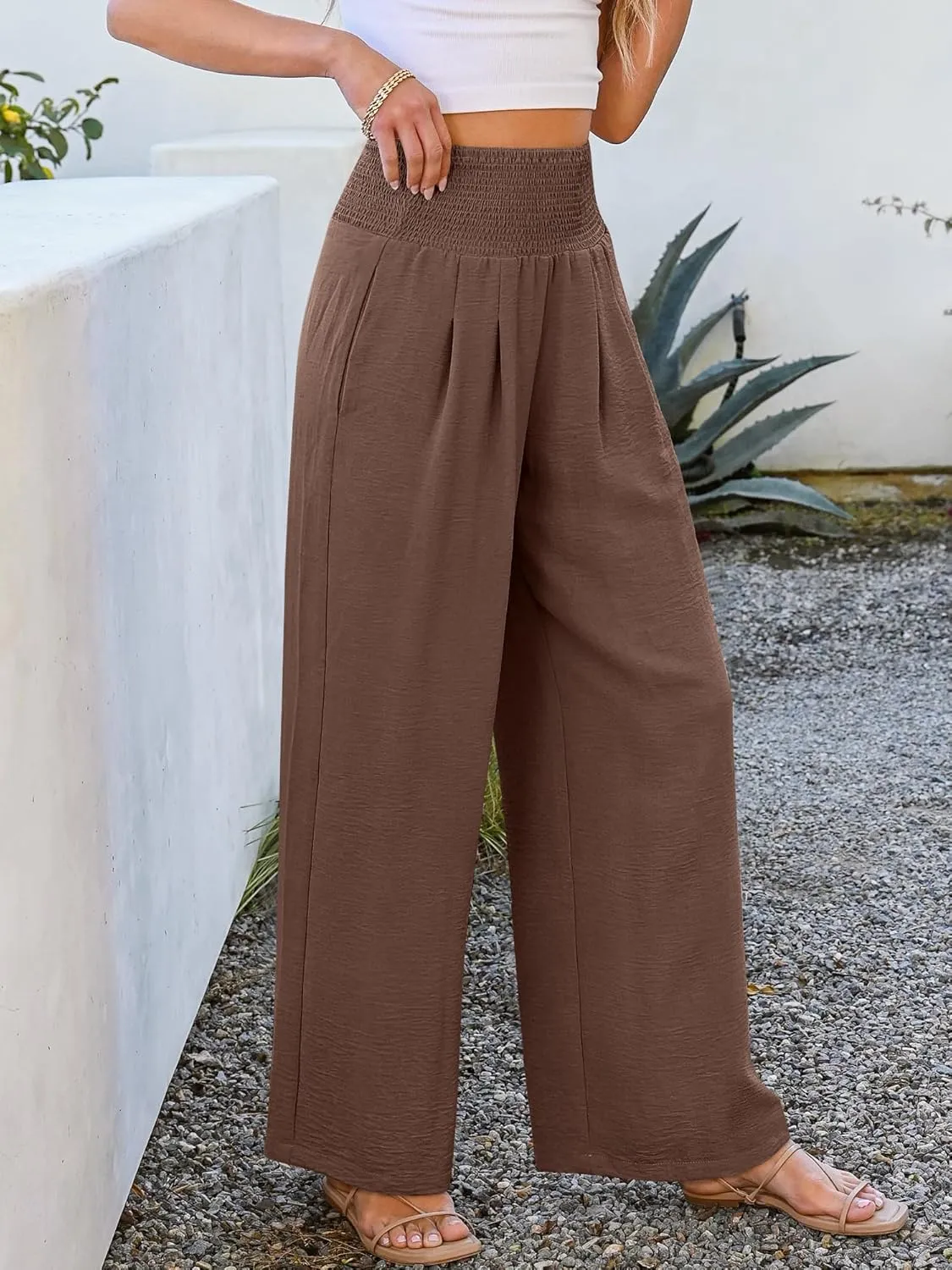 ANRABESS Women Palazzo Pants Summer Flowy Wide Leg High Waist Lounge Trousers with Pockets 2025 Casual Beach Vacation Outfits